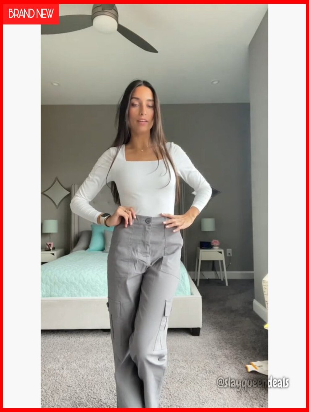 High Waisted Cargo Pants Y2K Streetwear Baggy Stretchy 6 Pockets Drawstring Cuff - Picture 5 of 7